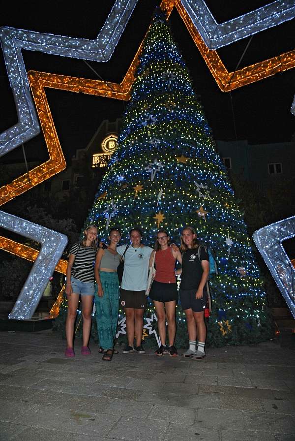 Britta, Nora, Elisa, Anni und Hanna vorm Tannenbaum